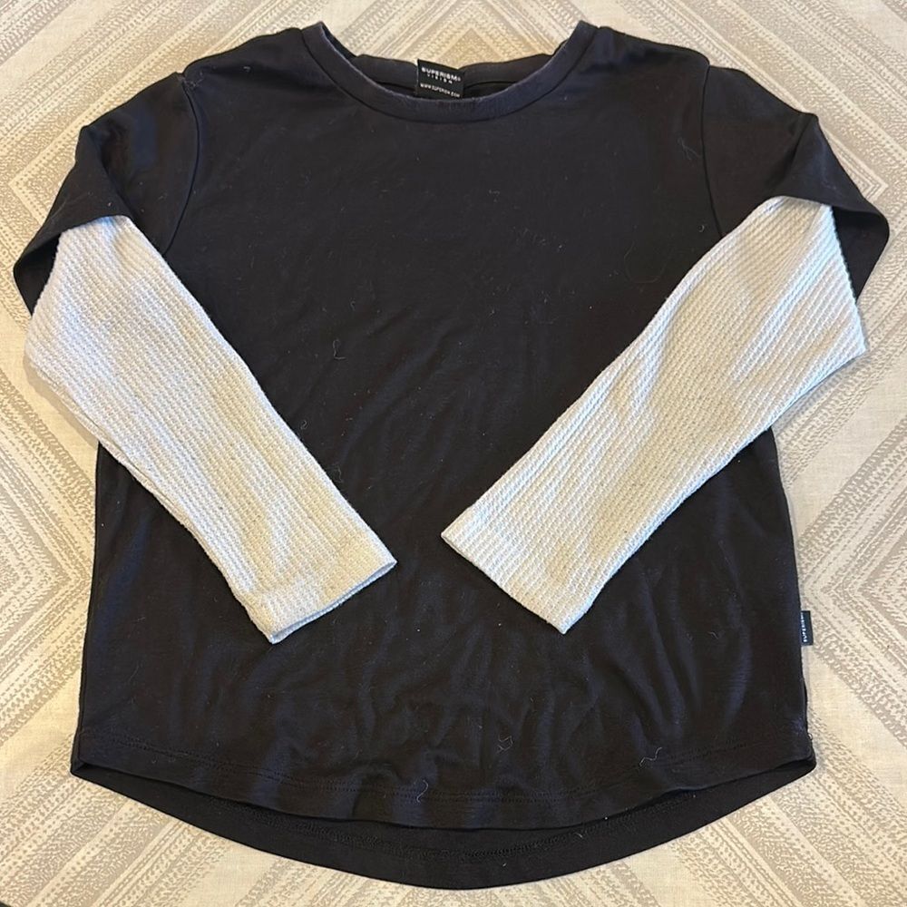 Superism Boys Black and White Long Sleeve Shirt on a Shirt - Size 7